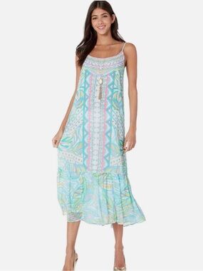 Lilly Pulitzer Winni Midi Dress Blue Pink Print Size Medium